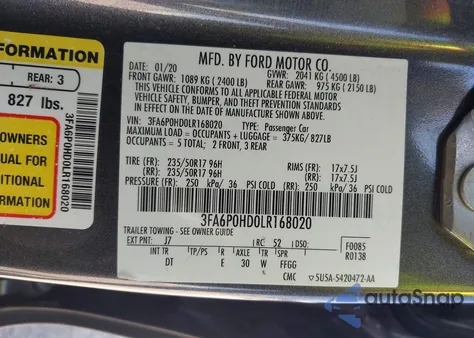 2020 Ford Fusion Se z USA, uszkodzony, nr VIN 3FA6P0HD0LR168020